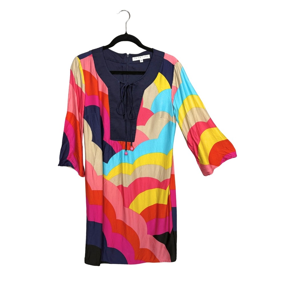 Trina Turk Multi Color Scallop Print Mod Shift Dress Size 10 Retro 60s Style